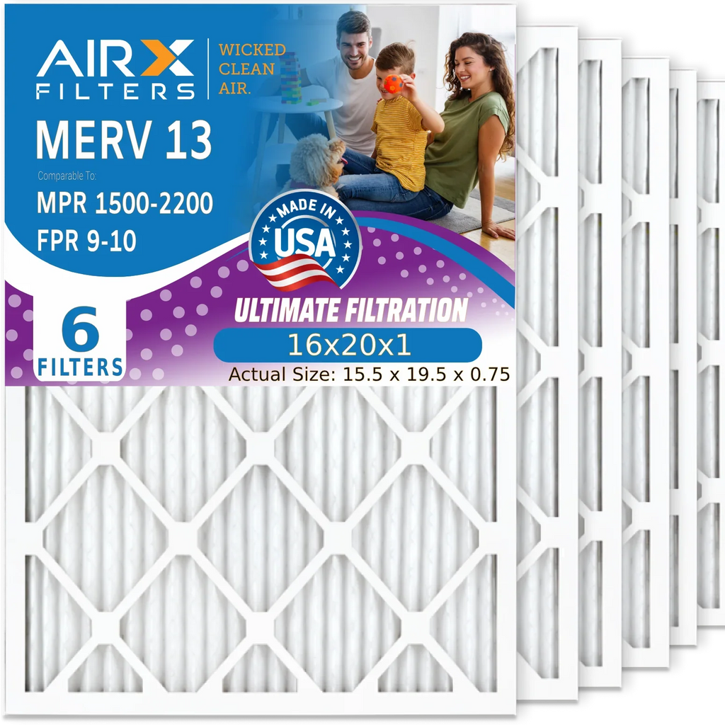 16x20x1 Air Filter MERV 13 Comparable to MPR 1500 - 2200 & FPR 9 Electrostatic Pleated Air Conditioner Filter 6 Pack HVAC AC Premium USizeA Made 16x20x1 Furnace Filters by AIRX FILTERSize WICKED CLEAN AIR.