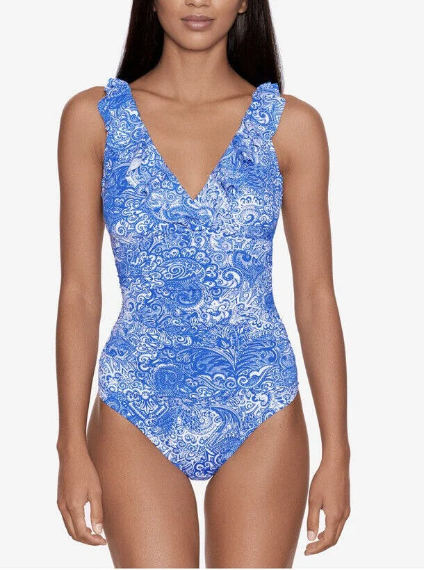 Ralph Lauren Printed Ruffled Tummy-Control One-Piece Sizewimsuit