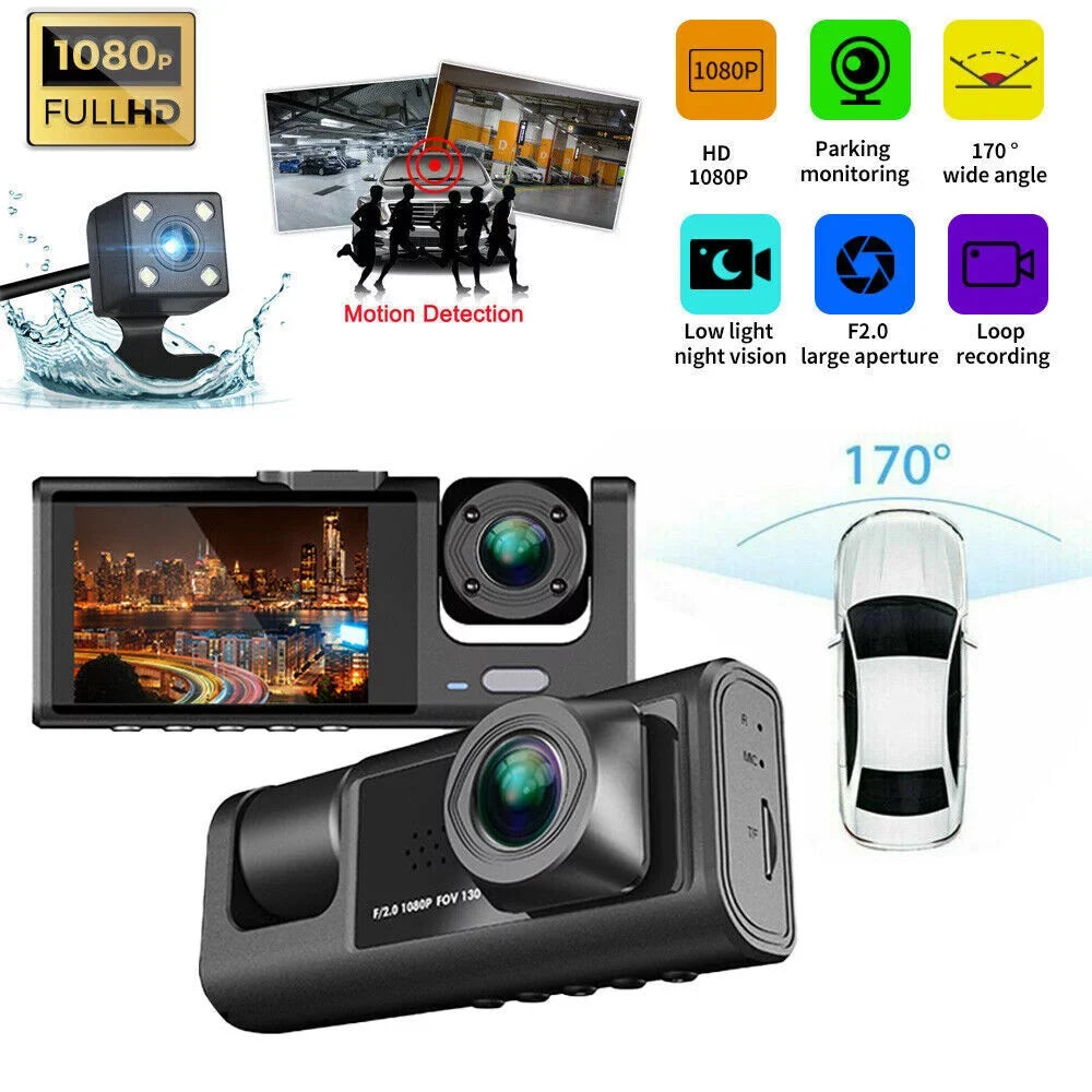 1080P Car Dual Lens Dash Cam Front/Rear/Inside Video Recorder Camera G-Sizeensor