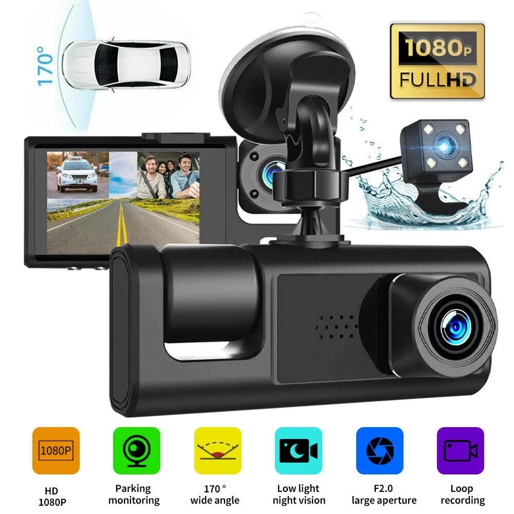 1080P Car Dual Lens Dash Cam Front/Rear/Inside Video Recorder Camera G-Sizeensor