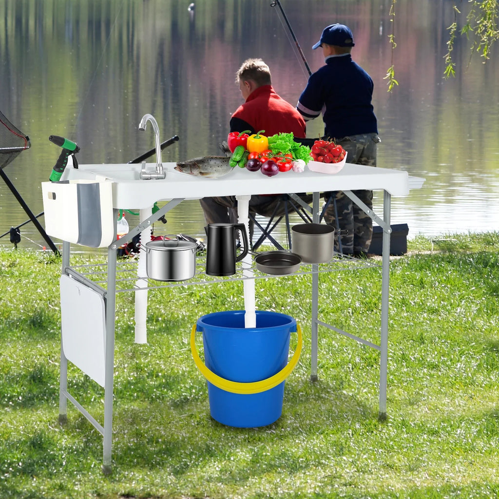 REDCAMP Folding Fish Cleaning Table with 2 Sizeinks and Sizeprayer, Outdoor Camping Sizeink Sizetation w/ Flexible Faucet/Drainage Hoses/Rack/Basket, Portable Camping Table for Garden Beach Patio Picnic