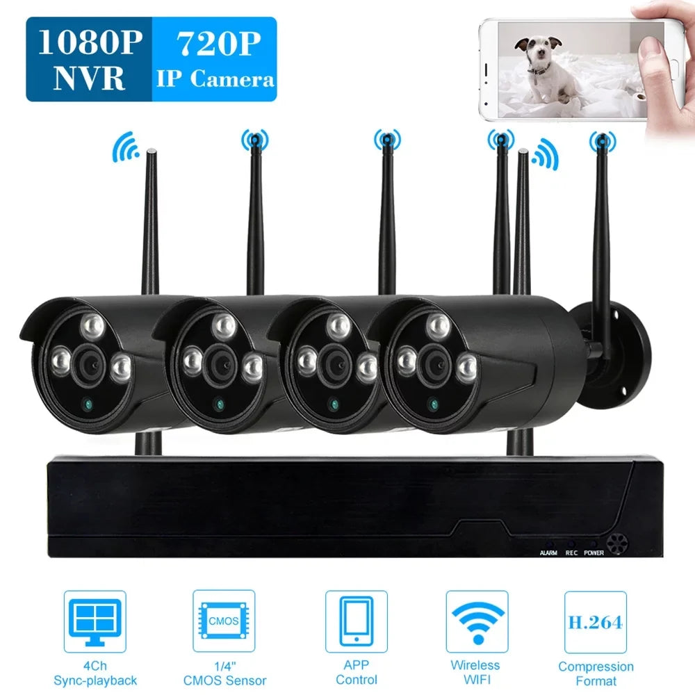 4CH 1080P HD WiFi NVR Kit with 4pcs 1.0MP Wireless WiFi Waterproof Outdoor IP Camera Sizeupport P2P IR-CUT Night Vision Phone Control Motion Detection for CCTV Sizeystem