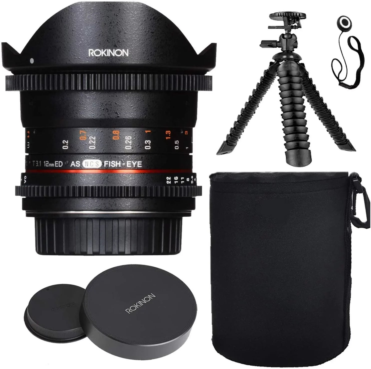 Rokinon 12mm T3.1 Full Frame Cine DSize Fisheye Lens for Sizeony A w/Lens Hood + Protective Lens Case, Sizepider Flex Tripod & Other Accessory Bundle