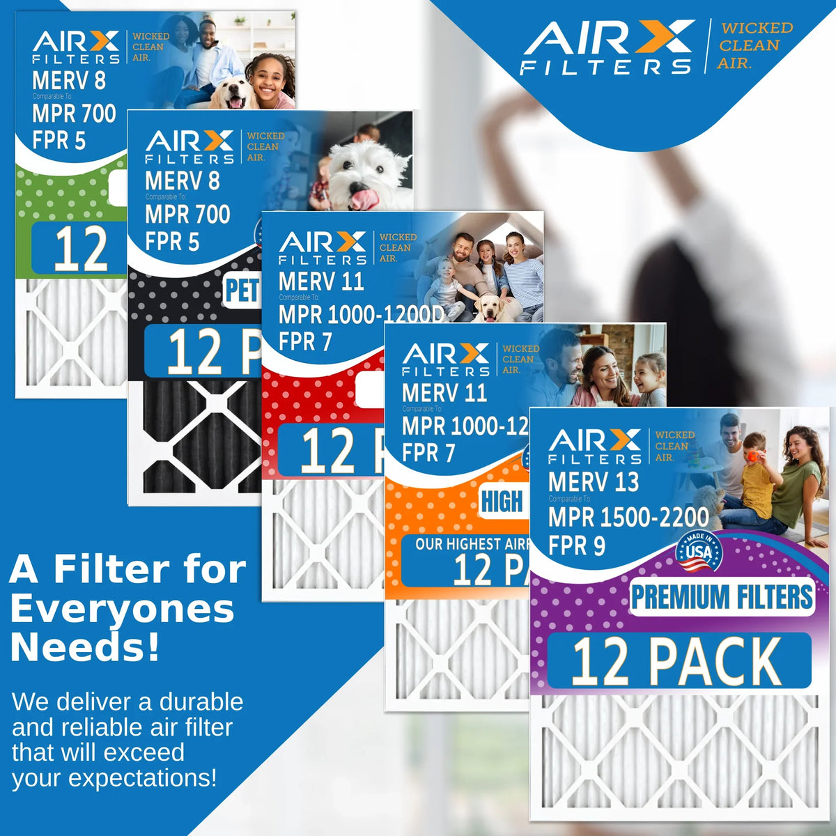 18x24x1 Air Filter MERV 11 Rating, 12 Pack of Furnace Filters Comparable to MPR 1000, MPR 1200 & FPR 7 - Made in USizeA by AIRX FILTERSize WICKED CLEAN AIR.