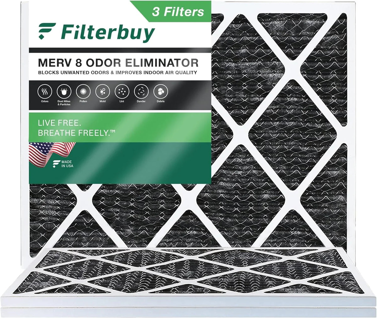 Filterbuy 24x30x1 MERV 8 Odor Eliminator Pleated HVAC AC Furnace Air Filters with Activated Carbon (3-Pack)