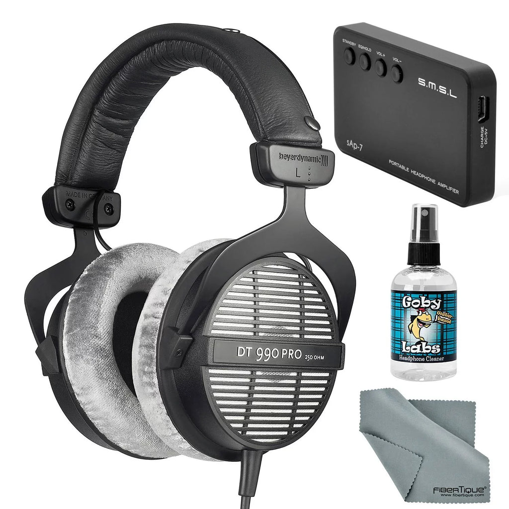 Beyerdynamic DT 990 PRO 250 Ohm Headphones with Amplifier + Cleaner + Fibertique Cloth Bundle