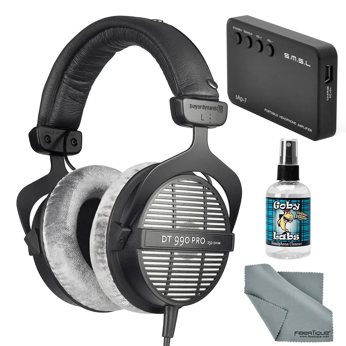 Beyerdynamic DT 990 PRO 250 Ohm Headphones with Amplifier + Cleaner + Fibertique Cloth Bundle