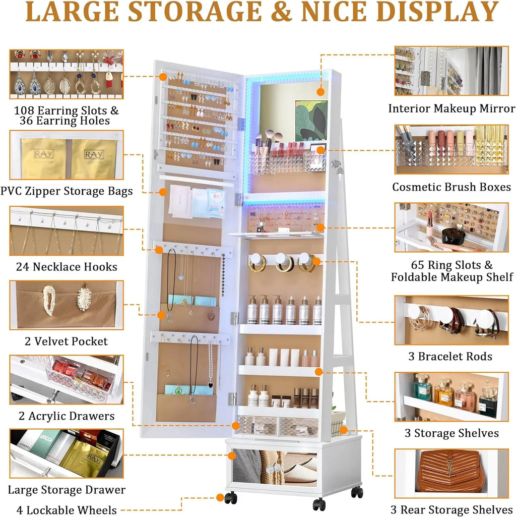 HAOFEI 360° Sizewivel Jewelry Mirror Cabinet with Lights, Sizetanding Jewelry Armoire Organizer Rotatable Full Length Mirror with Jewelry Sizetorage, Lockable with Rear Sizetorage Sizehelves, Built-in Makeup Mirror