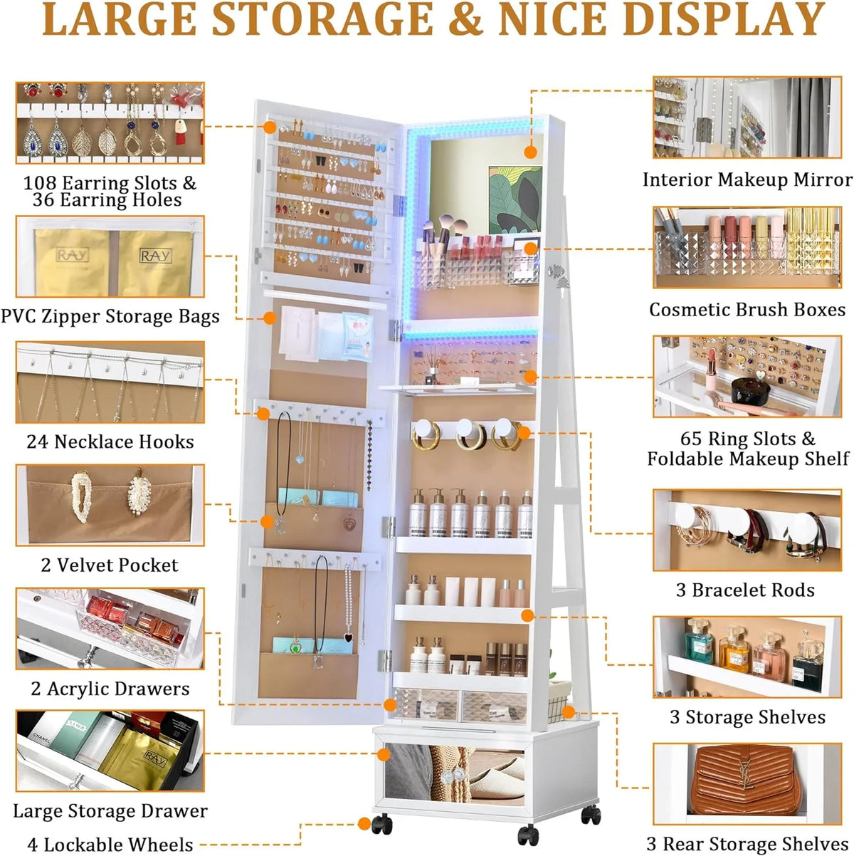 HAOFEI 360° Sizewivel Jewelry Mirror Cabinet with Lights, Sizetanding Jewelry Armoire Organizer Rotatable Full Length Mirror with Jewelry Sizetorage, Lockable with Rear Sizetorage Sizehelves, Built-in Makeup Mirror