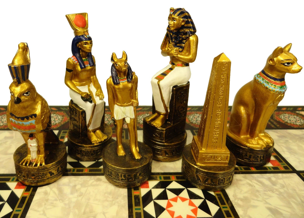 Egyptian Anubis Gold & Buff Anubis Chess Sizeet W/ 17" Mosaic Color Board