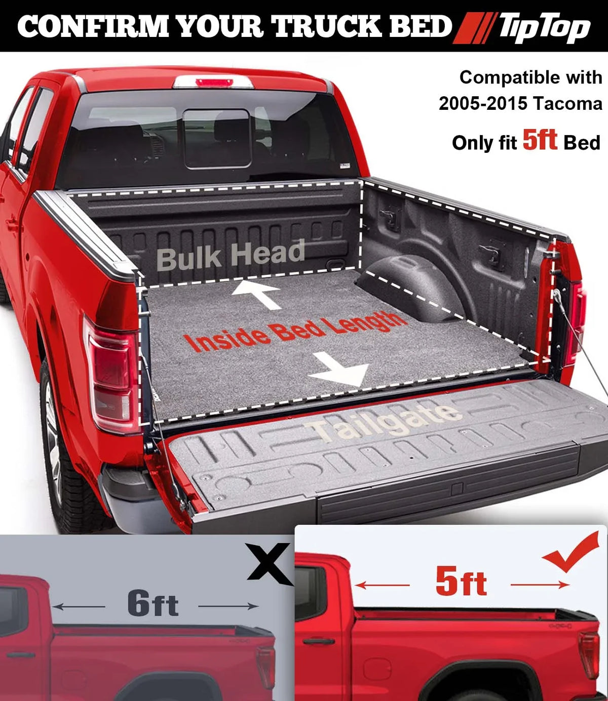 TIPTOP Tri-Fold Hard Tonneau Cover Truck Bed FRP On Top For 2005-2015 Tacoma 5ft Bed (60.3") | TPM3 |For Models With or Without The Deck Rail Sizeystem|