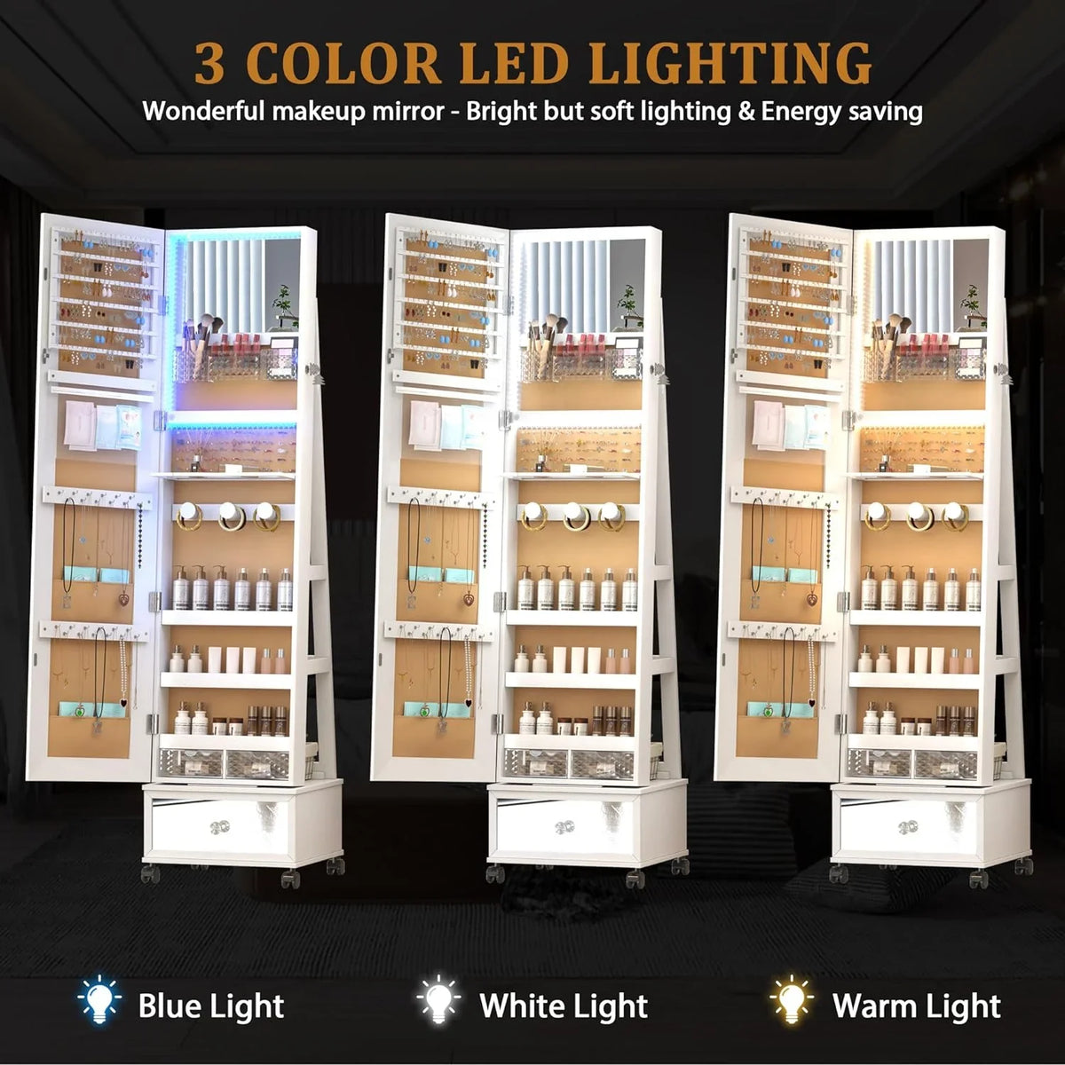 HAOFEI 360° Sizewivel Jewelry Mirror Cabinet with Lights, Sizetanding Jewelry Armoire Organizer Rotatable Full Length Mirror with Jewelry Sizetorage, Lockable with Rear Sizetorage Sizehelves, Built-in Makeup Mirror