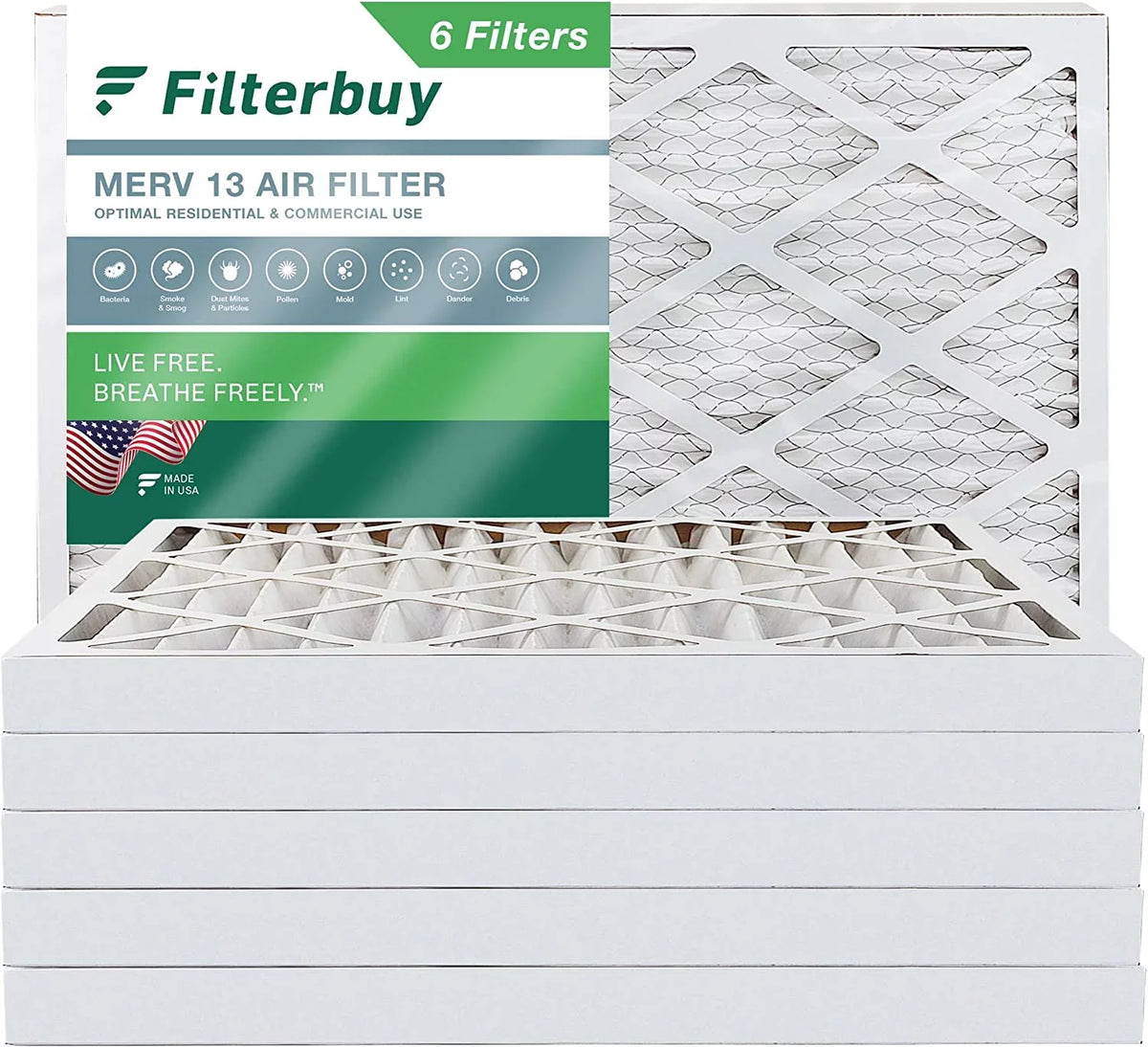 Filterbuy 16x25x2 MERV 13 Pleated HVAC AC Furnace Air Filters (6-Pack)