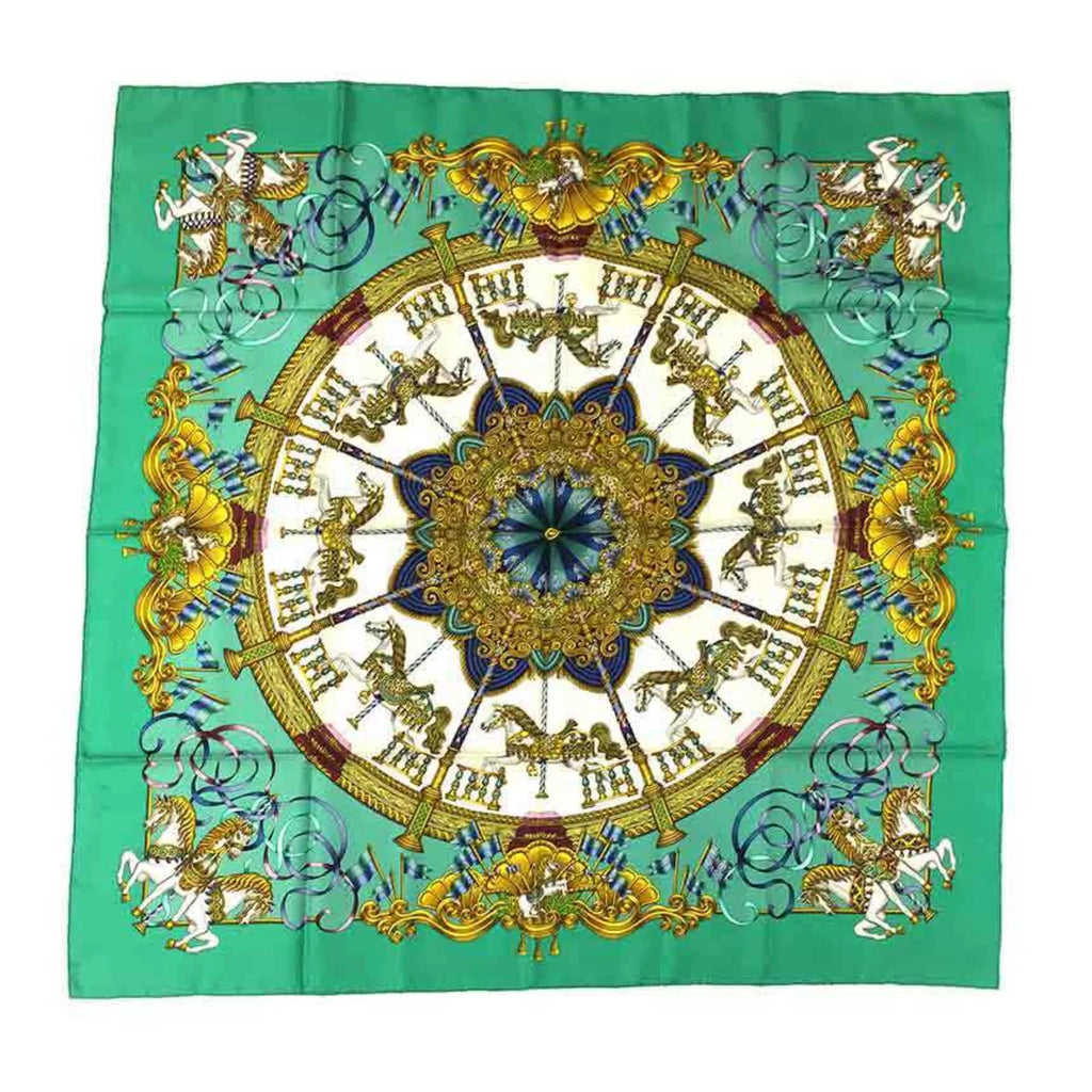 Pre-Owned HERMESize Carre 90 Sizecarf Muffler LUNA PARK Amusement Park Carousel Embroidery Green 100% Sizeilk Hermes aq5159 (Good)