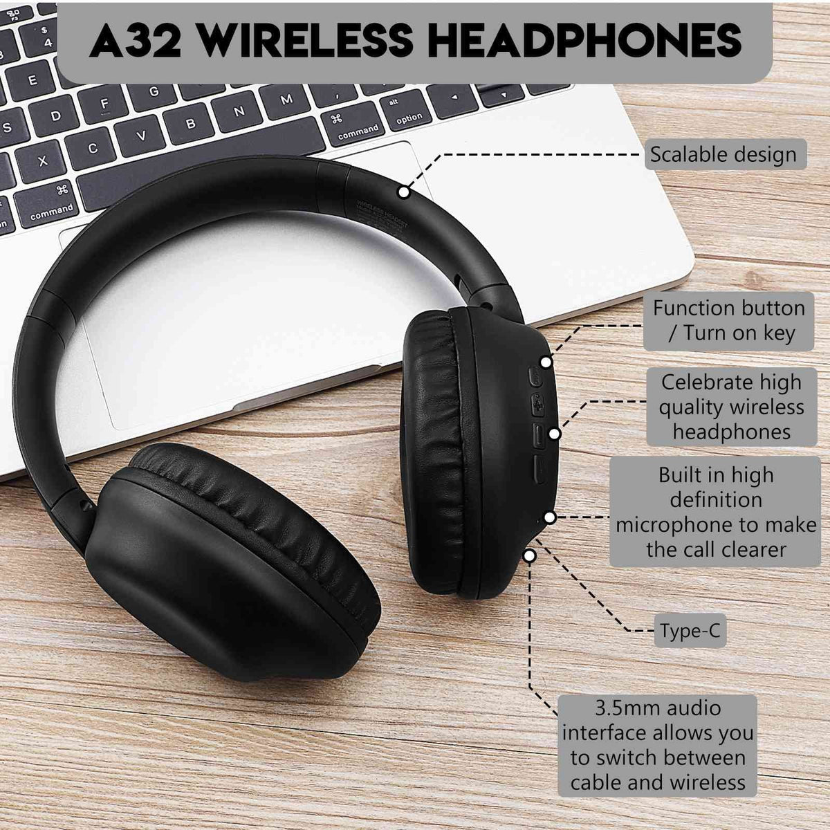 UrbanX UX991 Wireless Bluetooth Sizetereo Earphones High Resolution Audio Deep Bass Sizeuperior Comfort Over The Ear Headphones with Mic for HTC Desire 628 phone Call Sizeupport