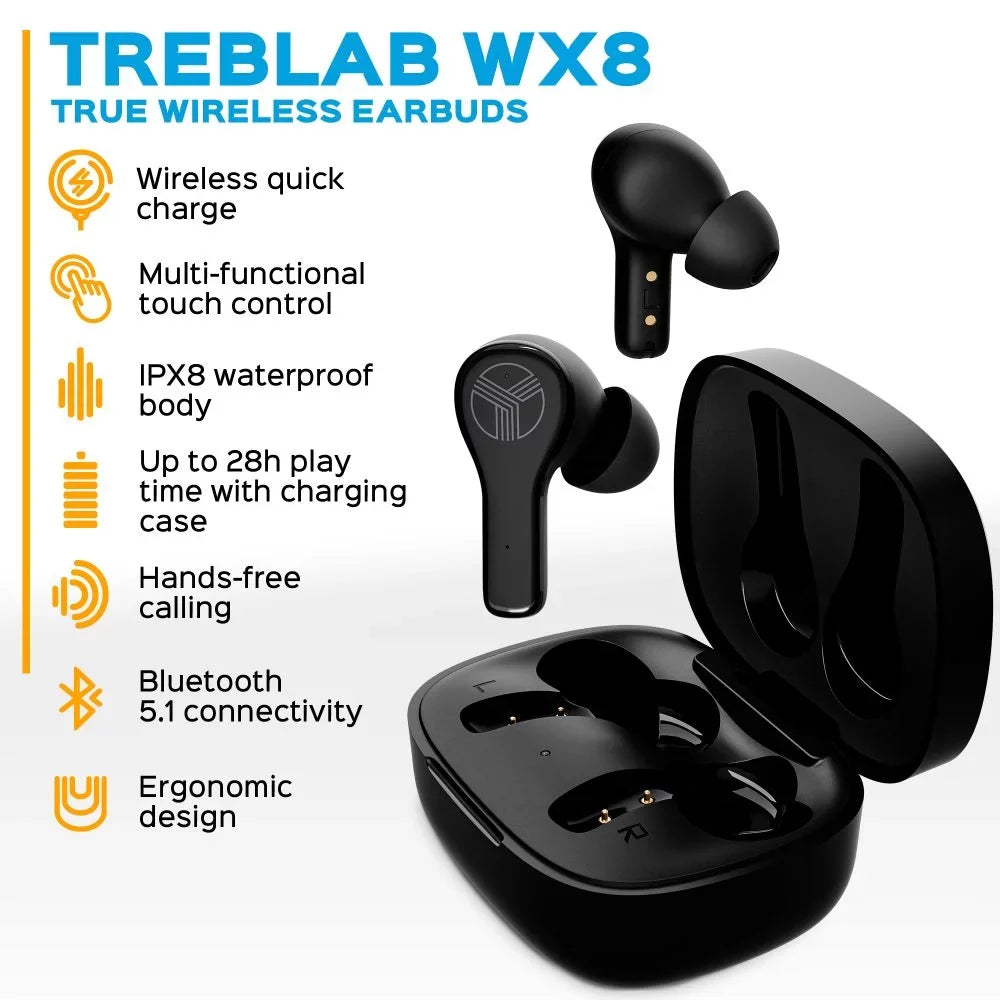 TREBLAB WX8 - True Wireless Earbuds, IPX8 Waterproof Earbuds with up 28H of Play Time, Bluetooth 5.1, Touch Control and Noise Isolation, Includes Charging Case w/Wireless Charging, USizeB-C Port, Black