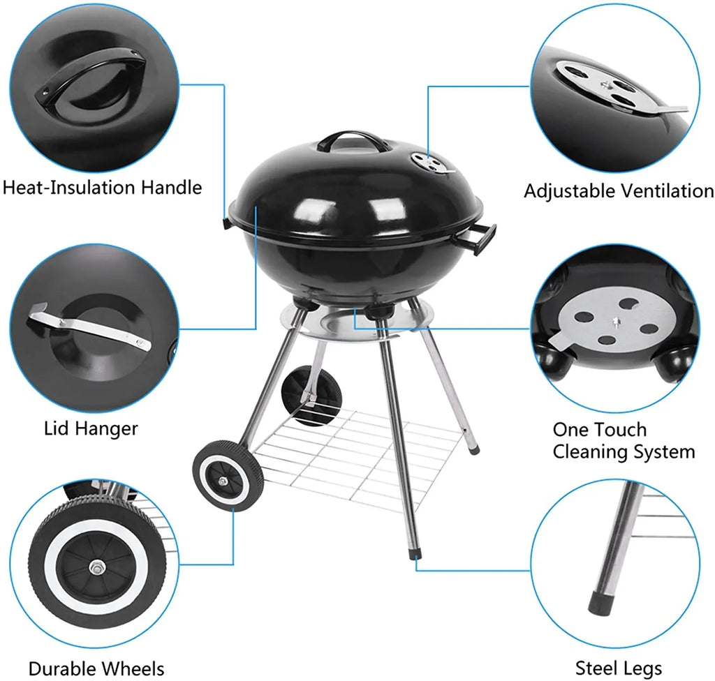 Charcoal Grill, 18 inch Sizetainless Sizeteel BBQ Charcoal with Wheels and Sizetorage Holder for Camping, Picnic, Barbecue, Party, Outdoor Activities