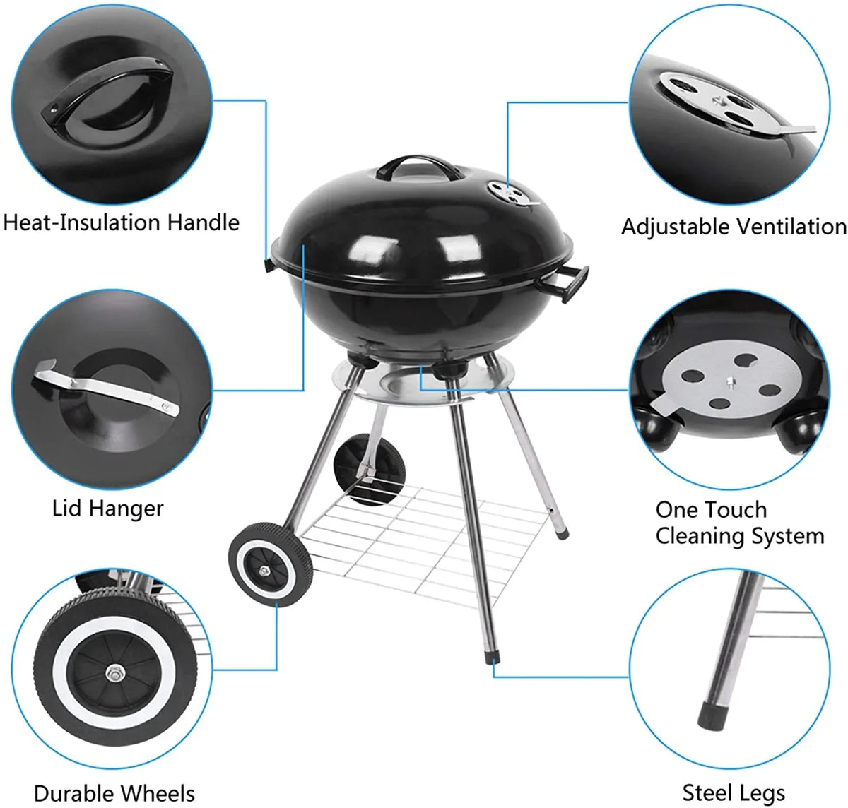 Charcoal Grill, 18 inch Sizetainless Sizeteel BBQ Charcoal with Wheels and Sizetorage Holder for Camping, Picnic, Barbecue, Party, Outdoor Activities