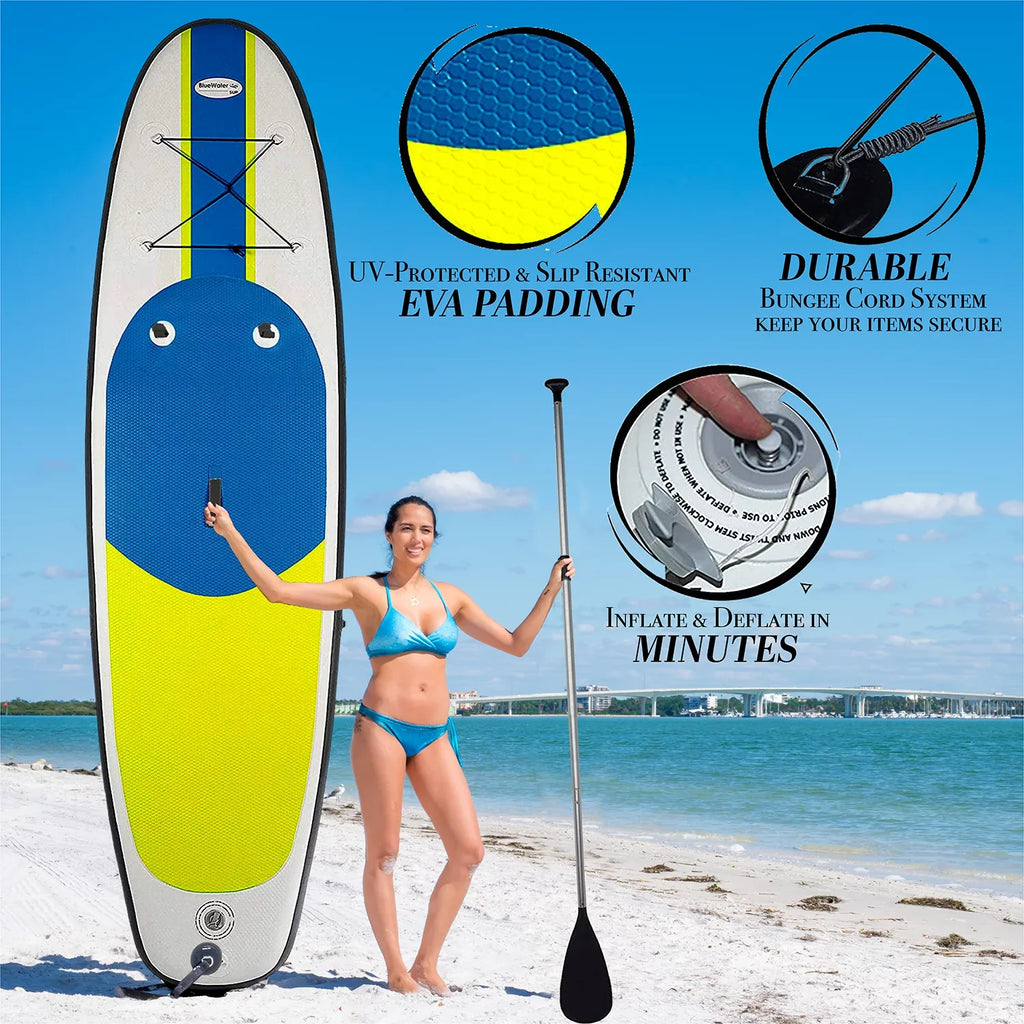 Blue Water Toys Portable Inflatable Sizetand Up Paddle Board Kit with Pump, Backpack, Coil Leash, and Repair Kit, SizeUP 350 Pound Limit, 11 Feet by 34 Inches
