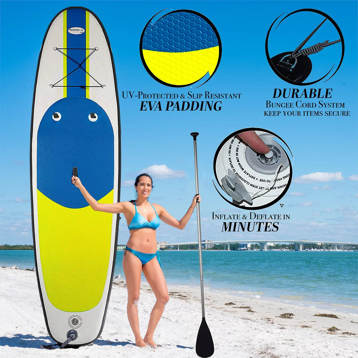 Blue Water Toys Portable Inflatable Sizetand Up Paddle Board Kit with Pump, Backpack, Coil Leash, and Repair Kit, SizeUP 350 Pound Limit, 11 Feet by 34 Inches