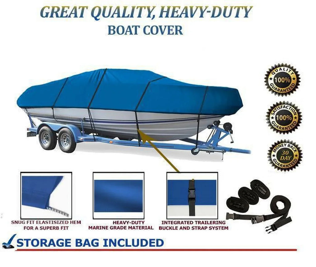 BLUE, GREAT QUALITY BOAT COVER Compatible for DOLPHIN GEMINI 199 BR O/B ALL YEARSize