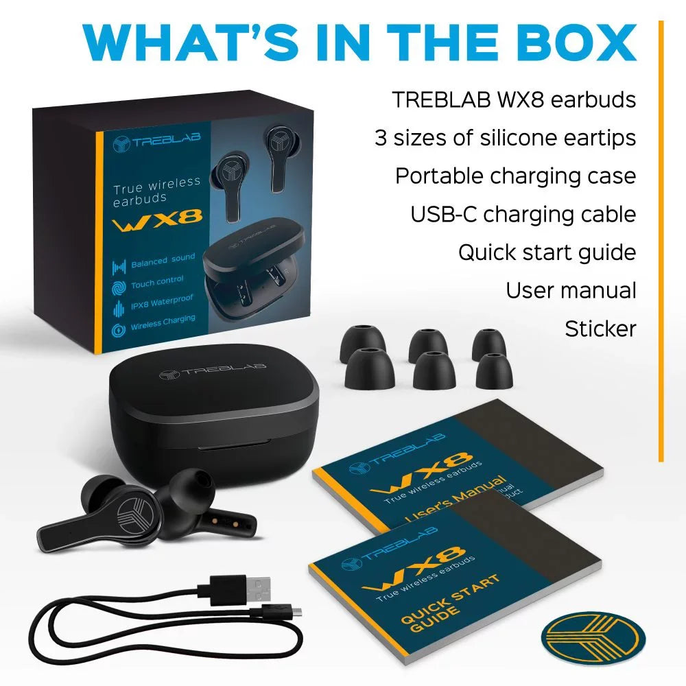TREBLAB WX8 - True Wireless Earbuds, IPX8 Waterproof Earbuds with up 28H of Play Time, Bluetooth 5.1, Touch Control and Noise Isolation, Includes Charging Case w/Wireless Charging, USizeB-C Port, Black