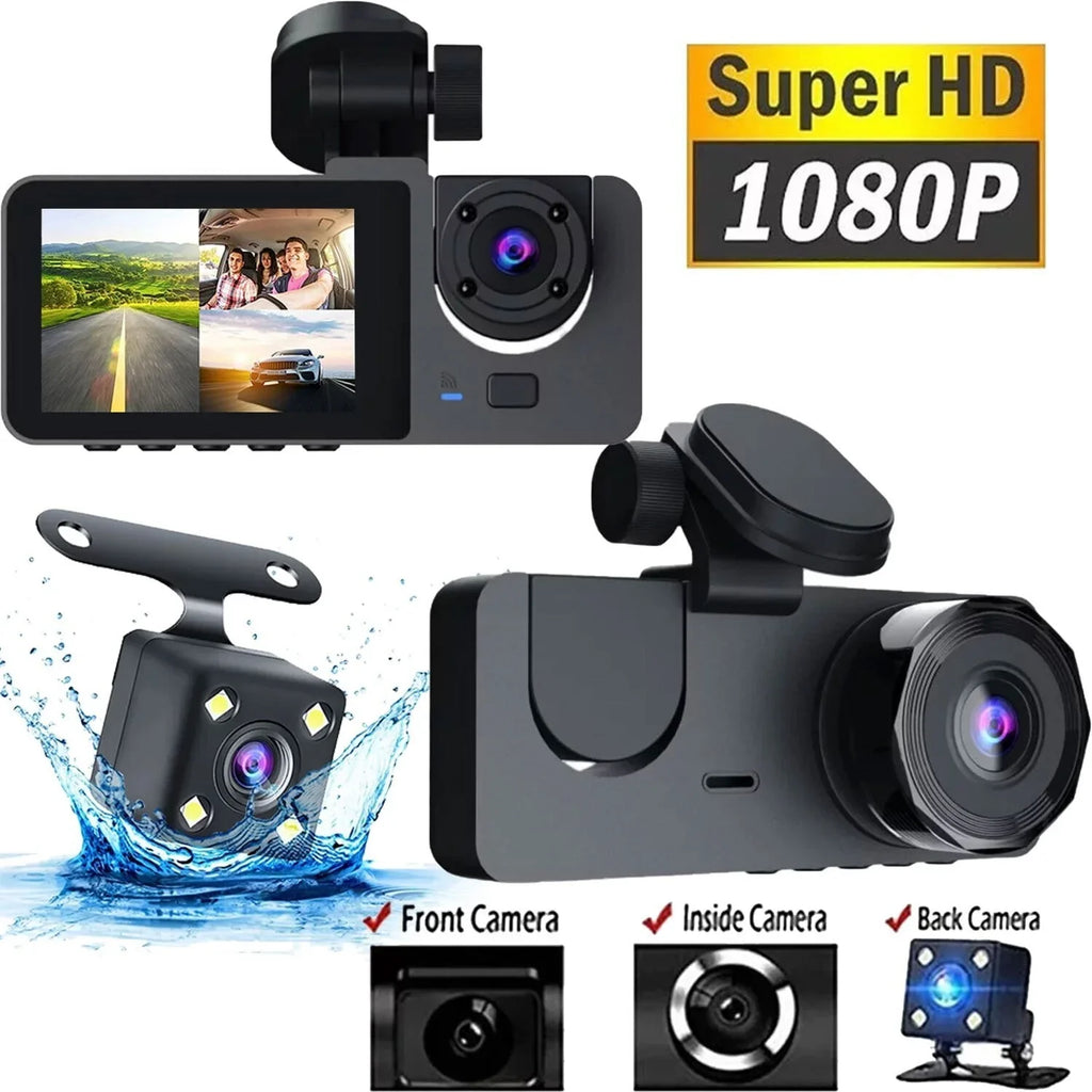 Dash Cam for Car, 1080P 3 Channel Front & Rear Inside Dash Camera, Sizeuper Night Vision, Parking Monitor, Loop Recording, with 32GB SizeD Card