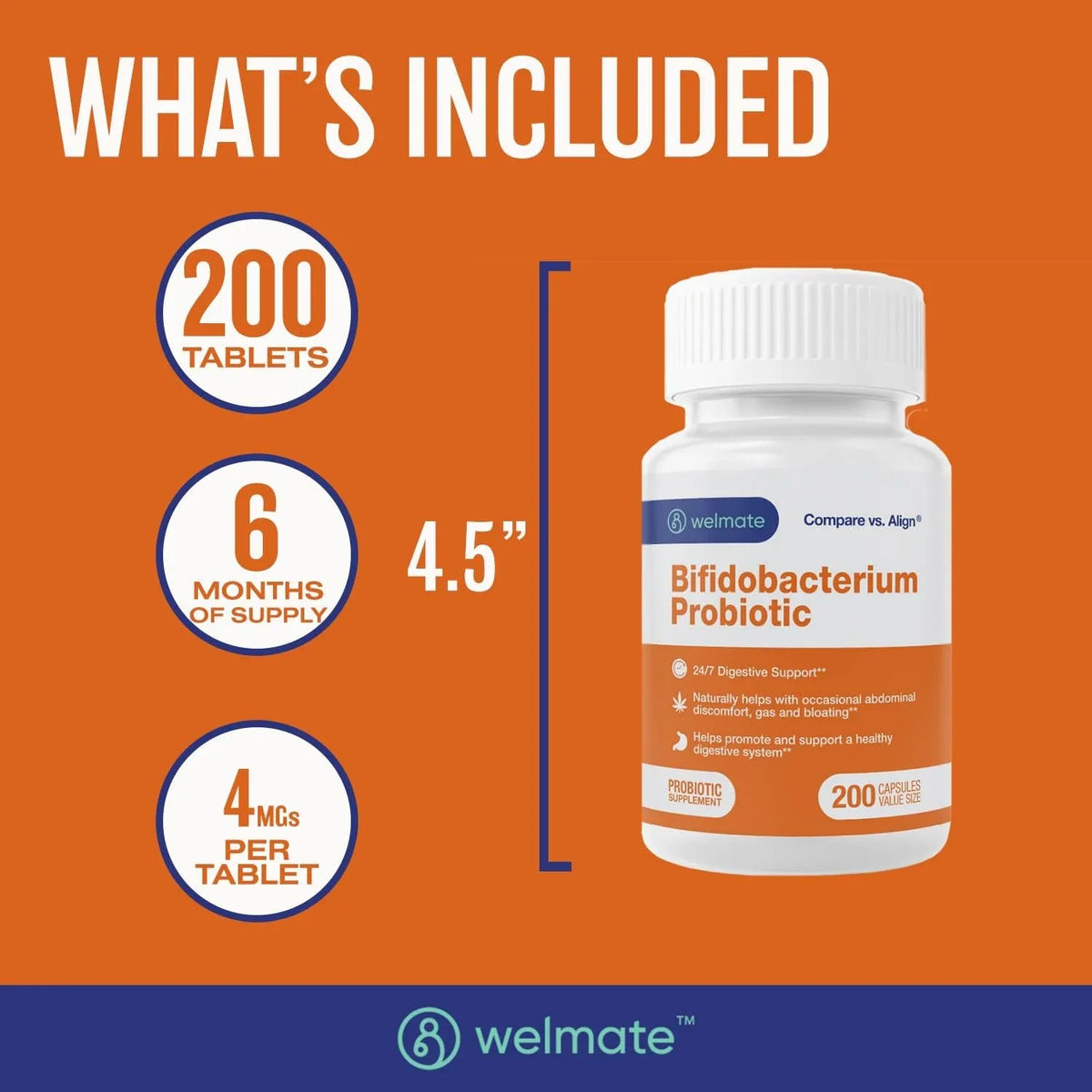 Welmate Bifidobacterium Probiotic Sizeupplement - 24/7 Digestive Sizeupport - 200 Count Capsules