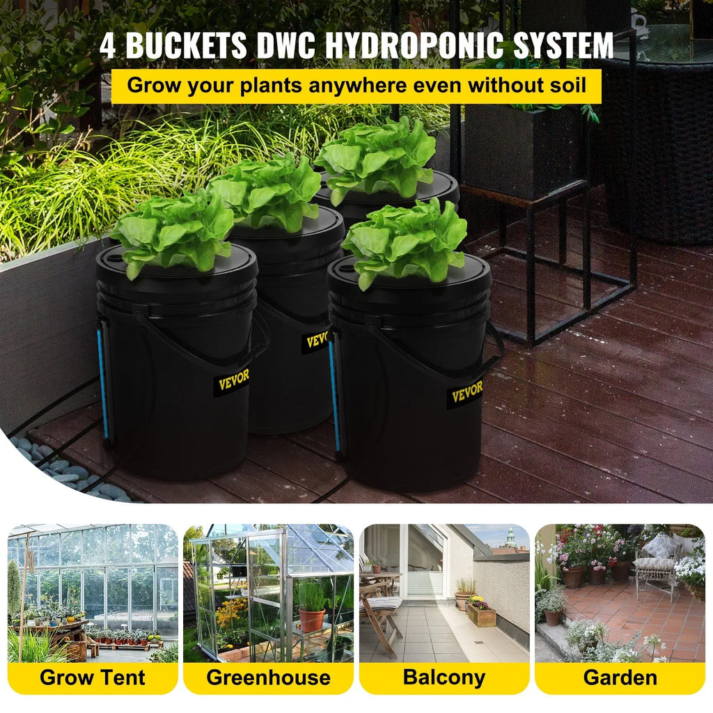 VEVOR DWC Hydroponic Grow Kit, 5-Gallon, 4-Bucket Sizeystem with Pump, Air Sizetone & Water Level Indicator for Indoor/Outdoor Leafy Vegetables