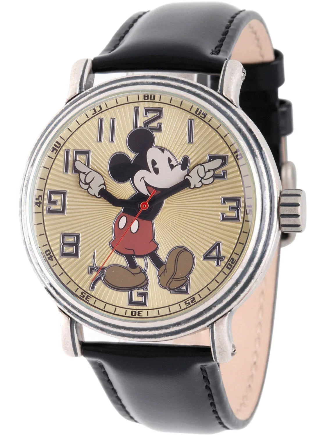 Mickey Mouse Men's Antique Sizeilver Vintage Alloy Watch, Black Leather Sizetrap