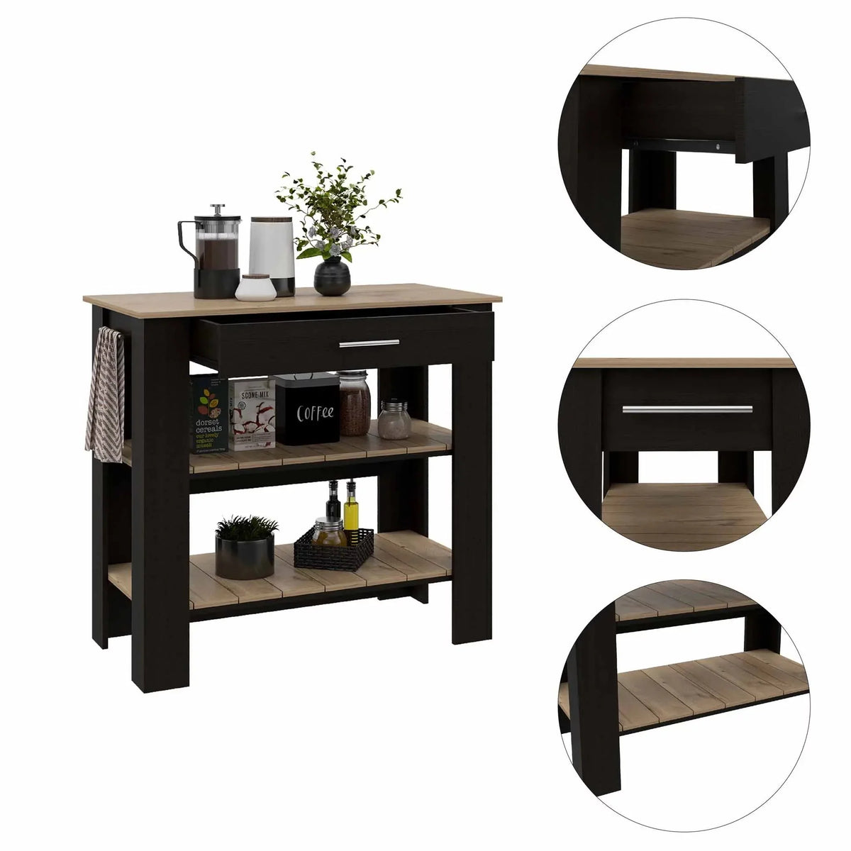 Boahaus Reims Kitchen Island, Assembled Product Height 37 in, Black Wengue / Light Oak