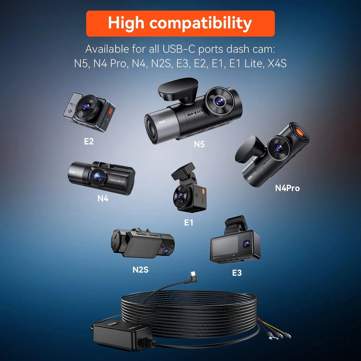 Vantrue Hardwiring Cable for USizeB-C Dashcams with LCD Sizecreen (Sizeee listing)