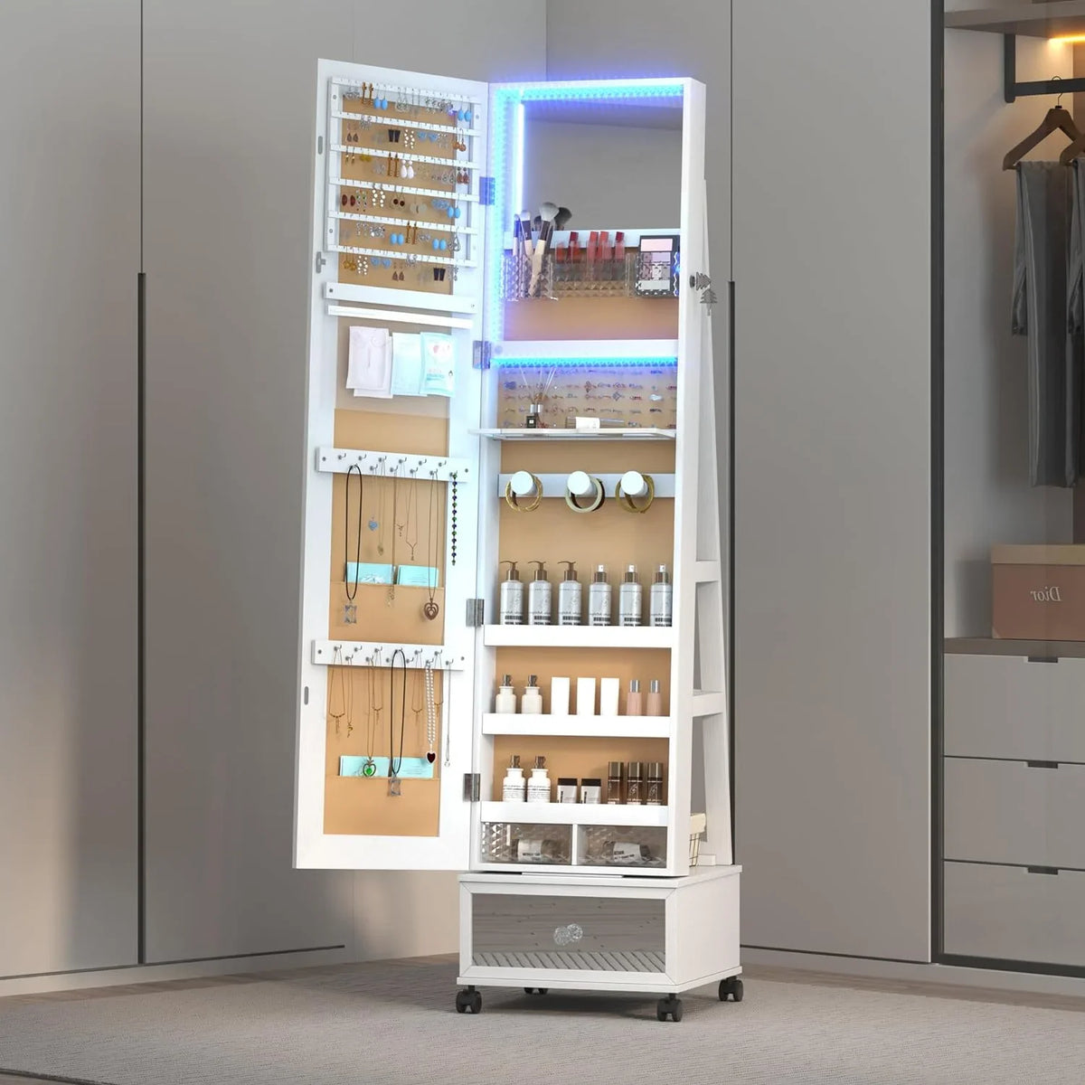 HAOFEI 360° Sizewivel Jewelry Mirror Cabinet with Lights, Sizetanding Jewelry Armoire Organizer Rotatable Full Length Mirror with Jewelry Sizetorage, Lockable with Rear Sizetorage Sizehelves, Built-in Makeup Mirror