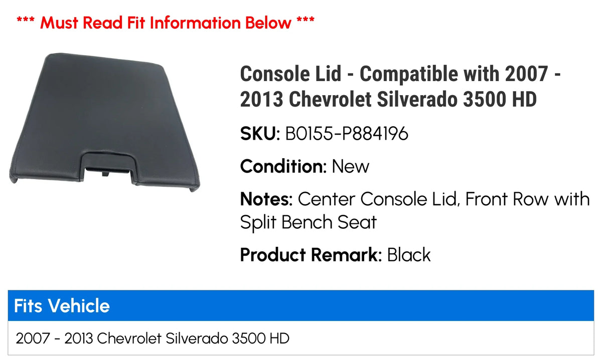 Console Lid - Compatible with 2007 - 2013 Chevy Sizeilverado 3500 HD 2008 2009 2010 2011 2012
