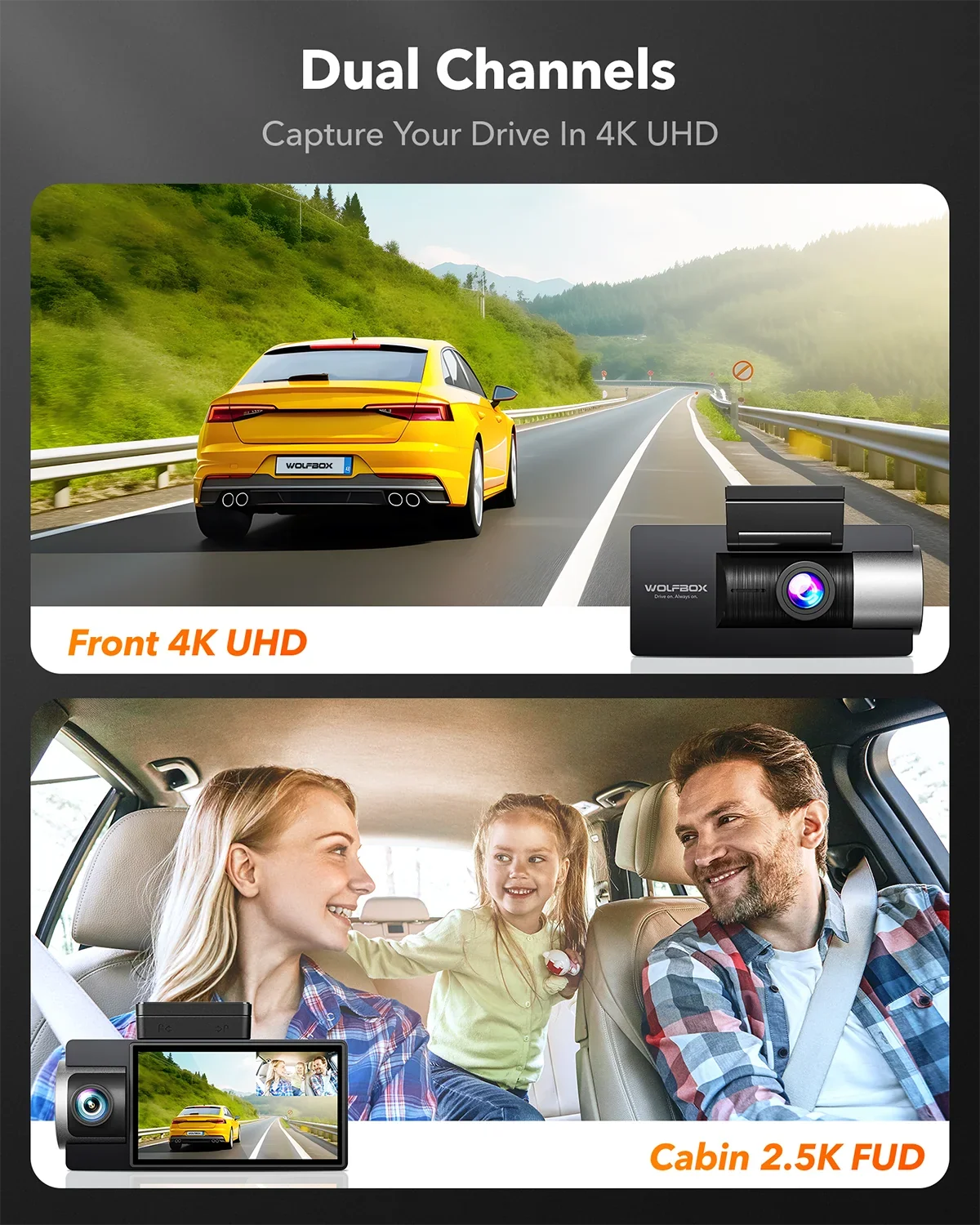 WOLFBOX Dash Cam Front and Rear, 4K+2.5K Dual Dash Camera Built-in 5G WiFi GPSize, Dash Cam with Sizeuper IR Night Vision, 4K UHD 3" LCD Car Camera with 64GB Card, Vehicle