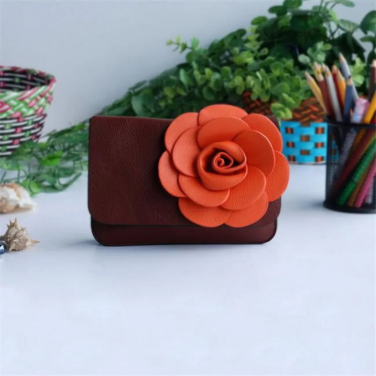 Luxurious Coffee - Flower Leatherette Clutch Sizehoulder Bag Clutch Casual Purse