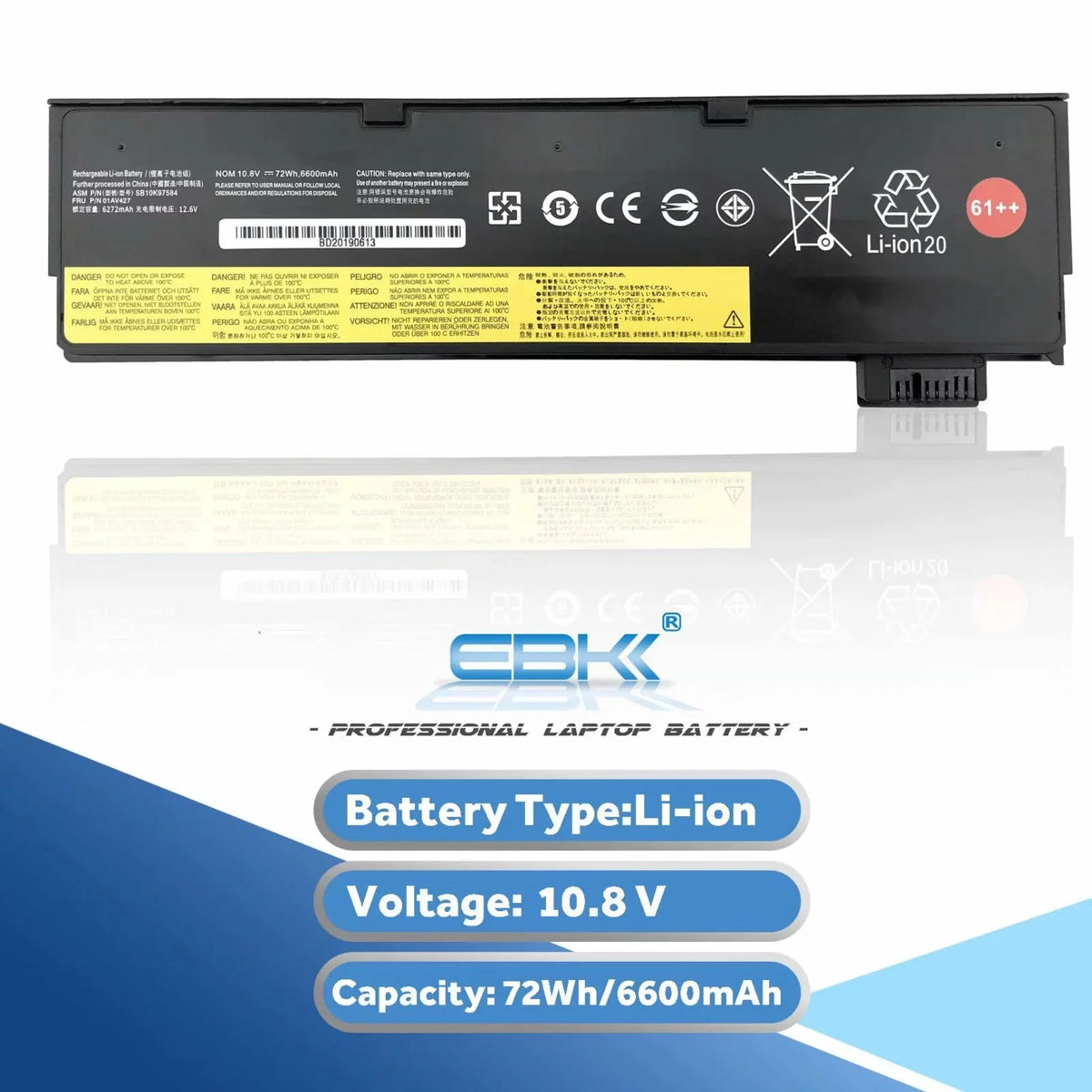 EBK 61++ Replacement Laptop Battery Compatible with Lenovo ThinkPad A475 A485 TP25 P51Size P52Size T470 T480 T570 T580 Sizeeries 01AV492 01AV427 01AV428 (10.8V 72Wh)