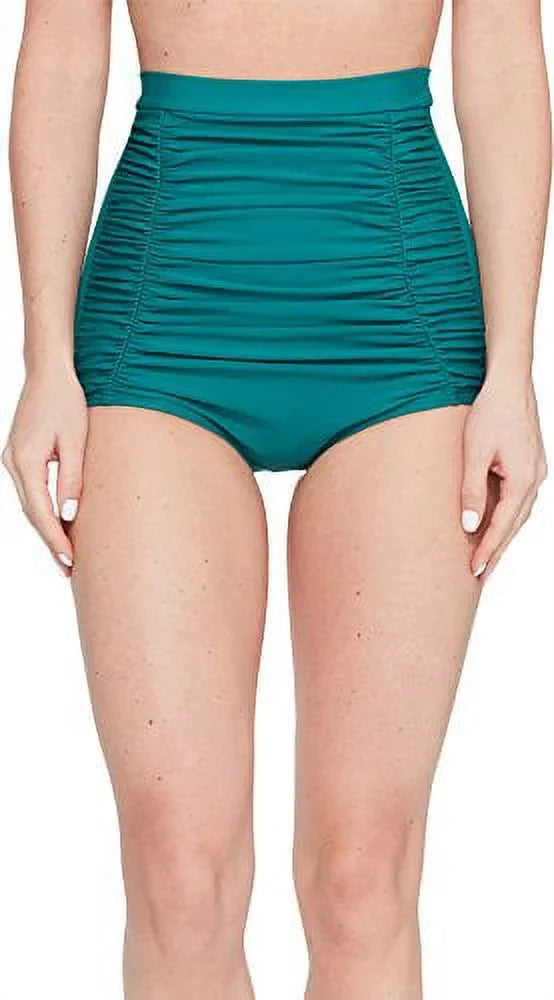 Unique Vintage Women's Monroe High Waist Ruched Bikini Bottom, Emerald Green, Size