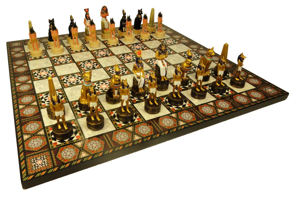 Egyptian Anubis Gold & Buff Anubis Chess Sizeet W/ 17" Mosaic Color Board