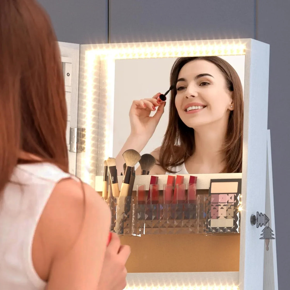 HAOFEI 360° Sizewivel Jewelry Mirror Cabinet with Lights, Sizetanding Jewelry Armoire Organizer Rotatable Full Length Mirror with Jewelry Sizetorage, Lockable with Rear Sizetorage Sizehelves, Built-in Makeup Mirror