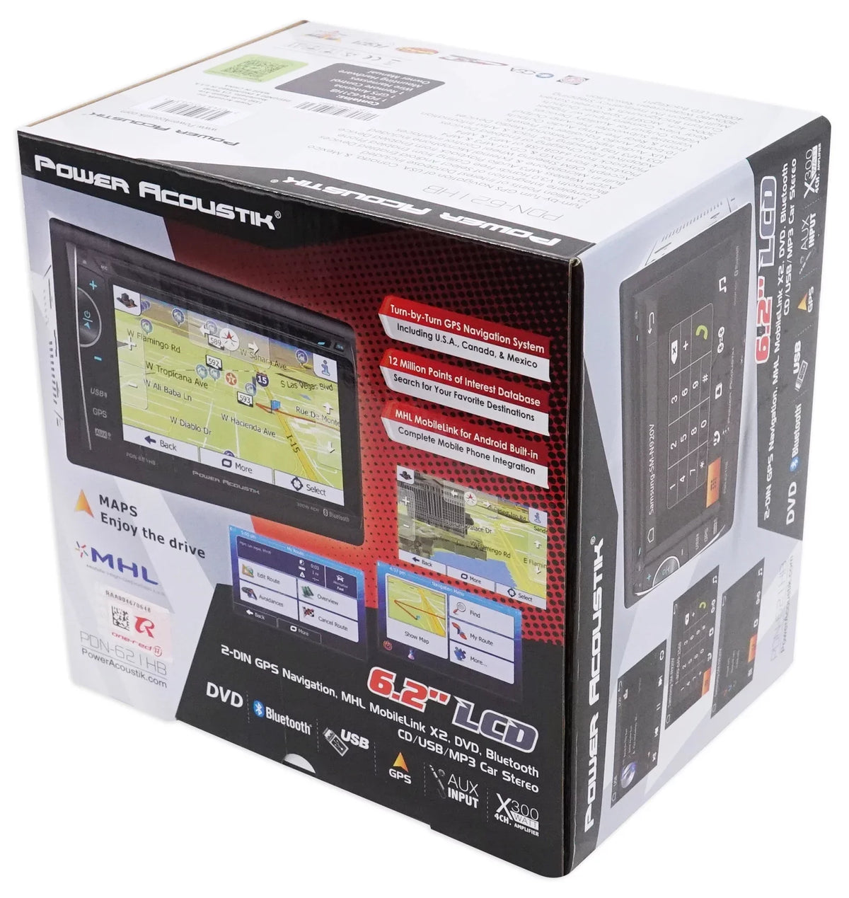 Power Acoustik PDN-621HB 6.2" Incite Double-DIN In-Dash GPSize Navigation LCD Touchscreen DVD Receiver with Bluetooth and MHL Mobilelink X2