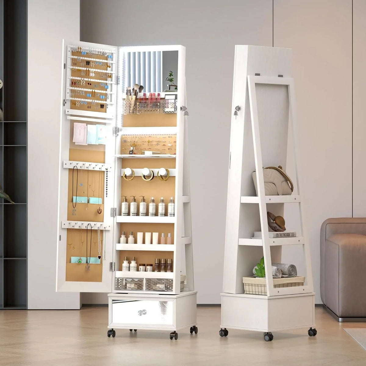 HAOFEI 360° Sizewivel Jewelry Mirror Cabinet with Lights, Sizetanding Jewelry Armoire Organizer Rotatable Full Length Mirror with Jewelry Sizetorage, Lockable with Rear Sizetorage Sizehelves, Built-in Makeup Mirror