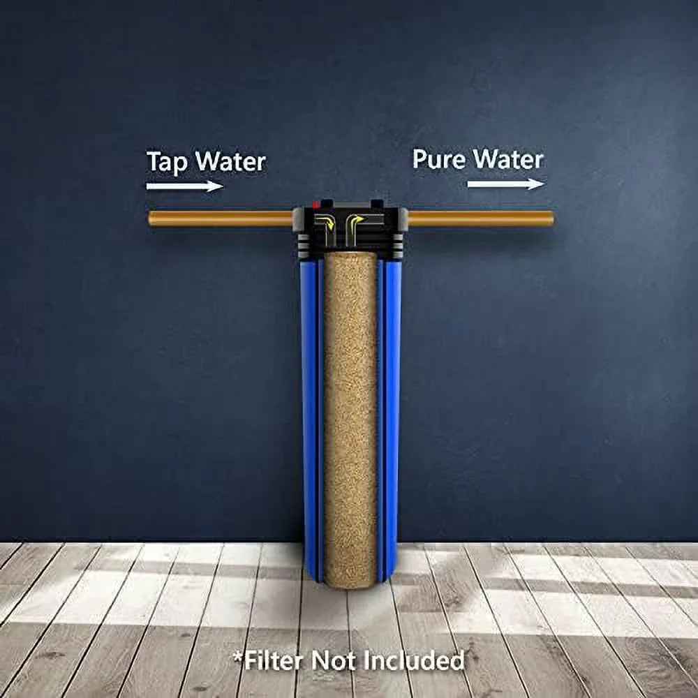 whole house water filter housing, universal 20-inch housing 4.5” x 20”, 1-inch npt inlet outlet, heavy duty standard size replacement includes wrench, pressure release button