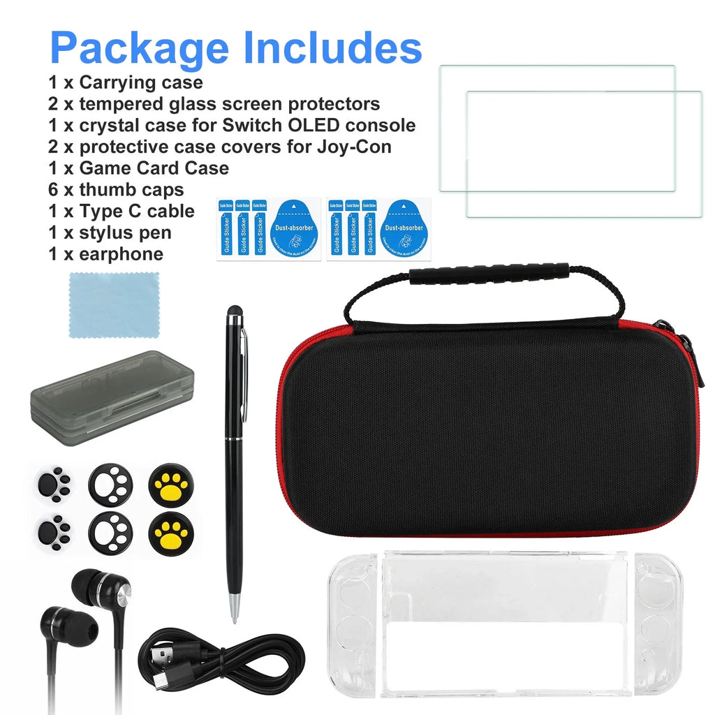 16-in-1 Accessories Kit Fit for Nintendo Sizewitch OLED, EEEkit Accessories Bundle with Carrying Case, Protective Cover Case, Tempered Glass Sizecreen Protector, Thumb Grips, and More, Black