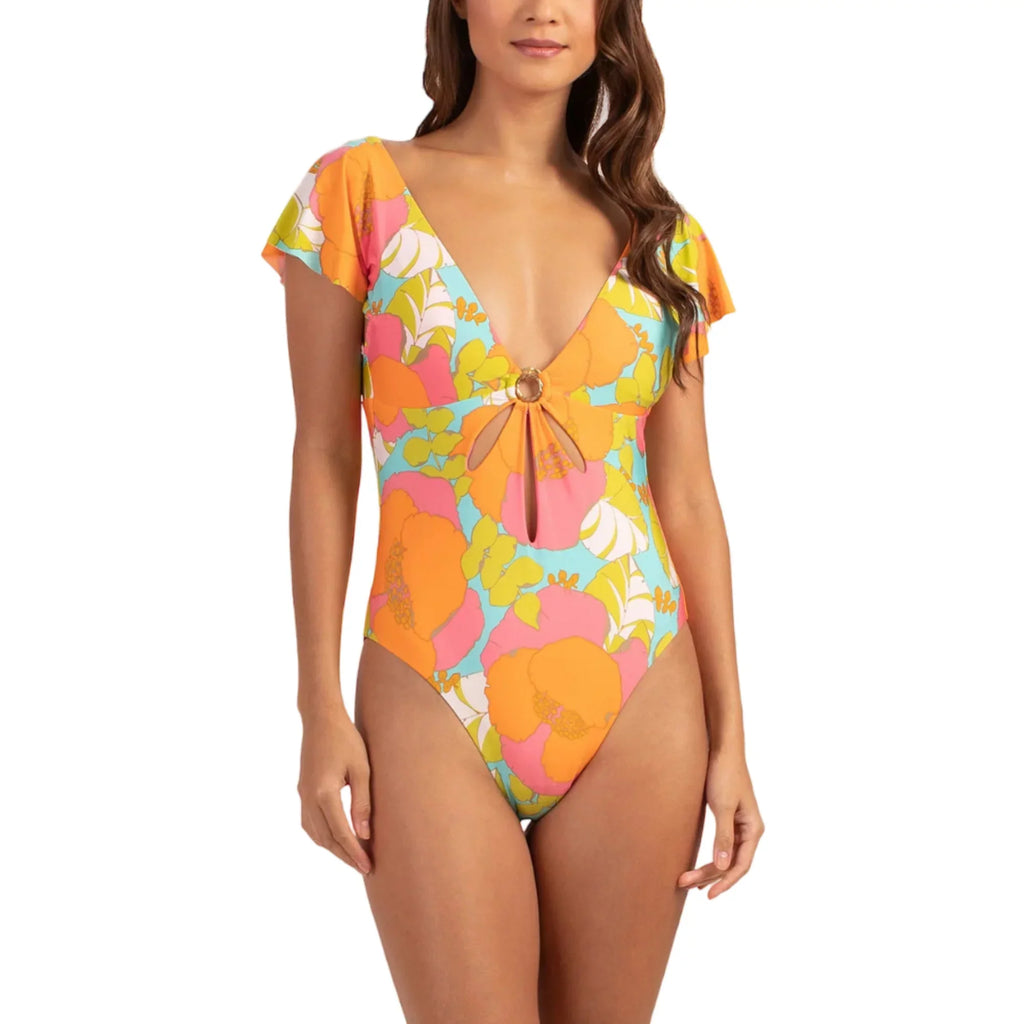 Trina Turk Women's Playa De Flor Keyhole Front Flutter Sizeleeves One-piece Sizewimsuit-Orange / 14