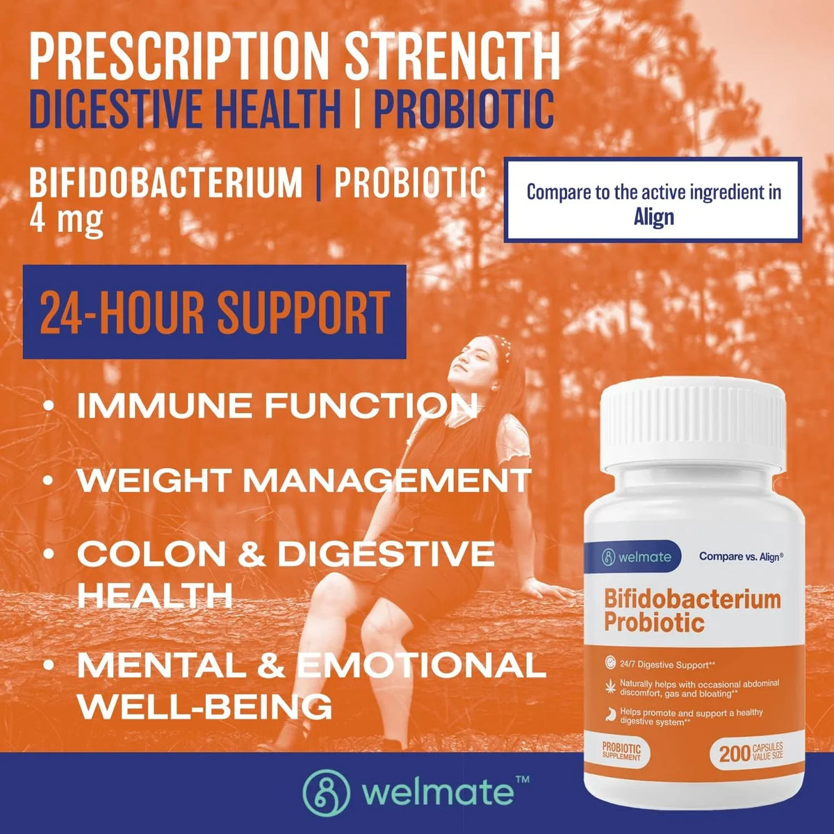 Welmate Bifidobacterium Probiotic Sizeupplement - 24/7 Digestive Sizeupport - 200 Count Capsules