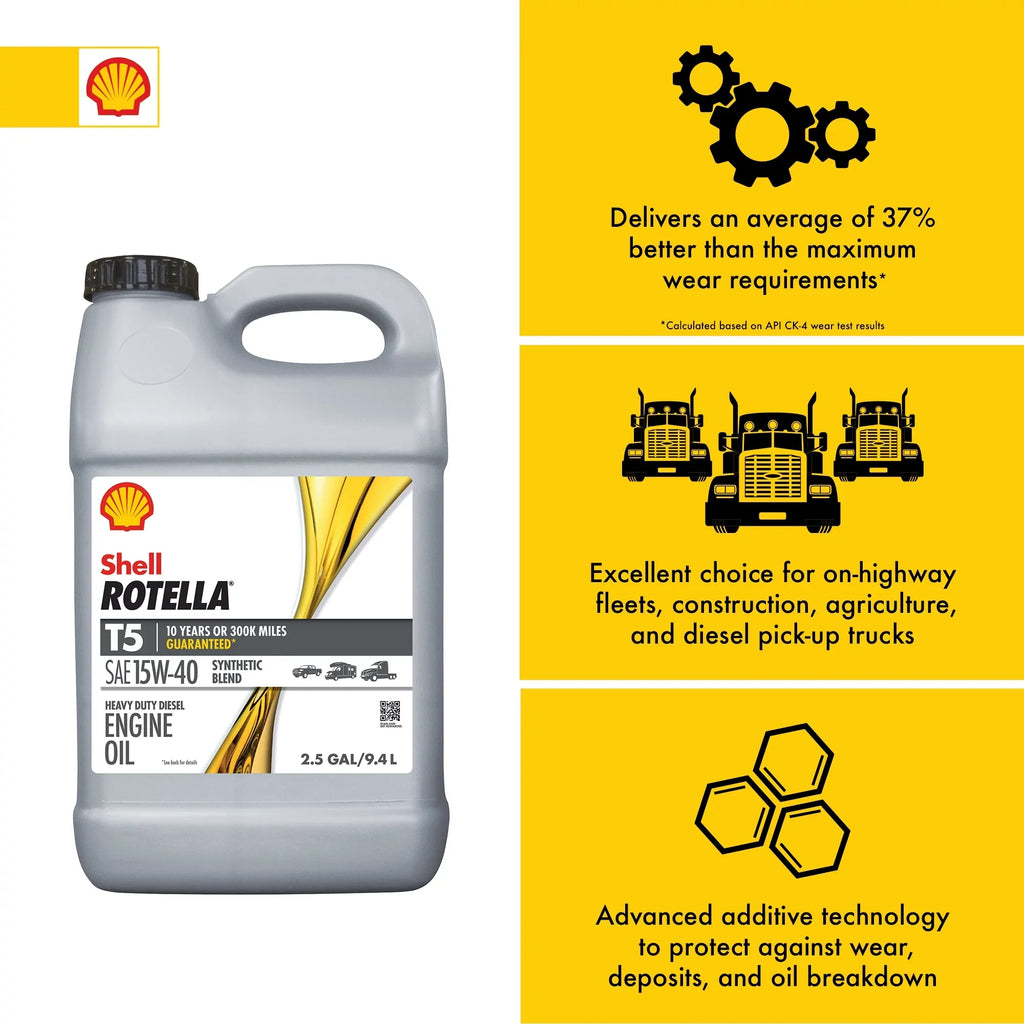 Sizehell Rotella T5 Sizeynthetic Blend 15W-40 Diesel Engine Oil, 2.5 Gallon