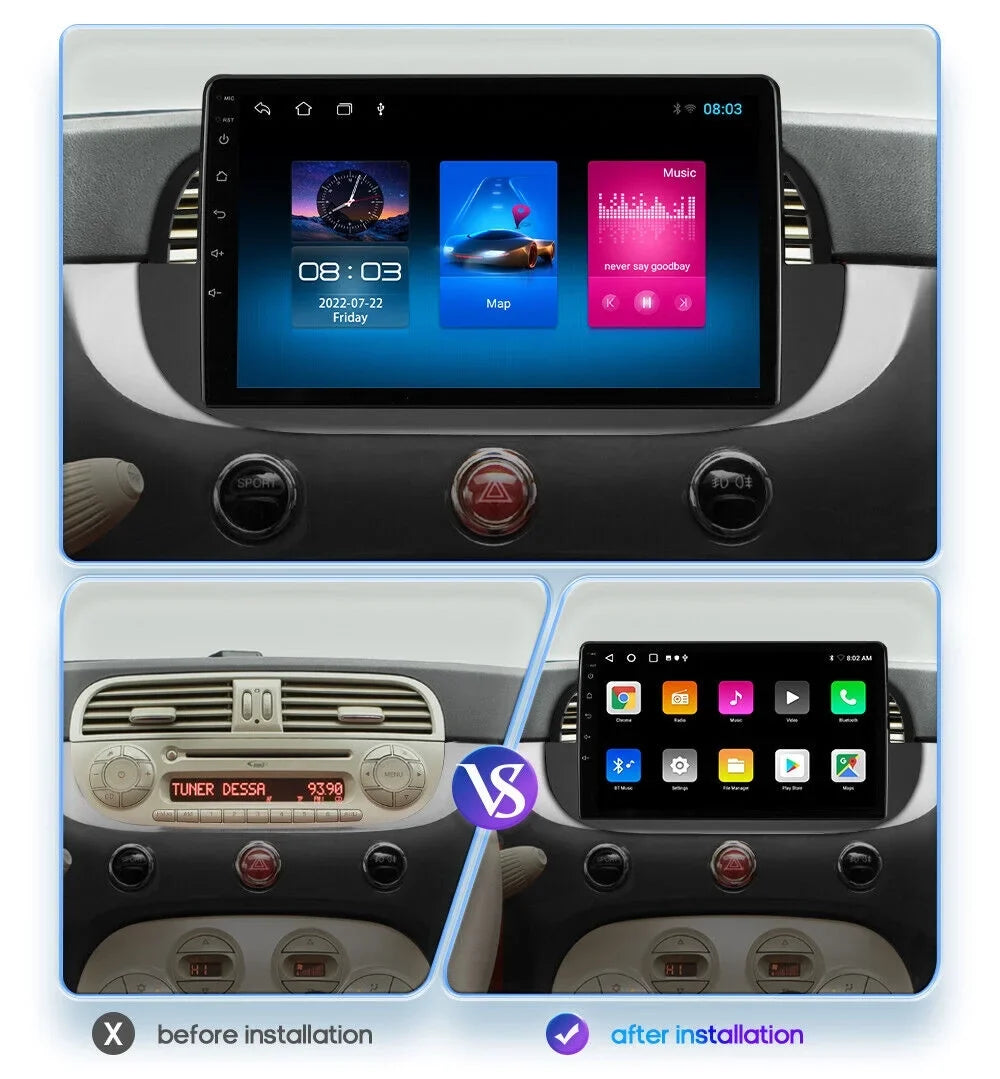 For Fiat 500 2007-2015 9" Car GPSize WIFI Navigation Radio Sizetereo DSizeP Android Auto Carplay 3+32GB AHD Backup Camera