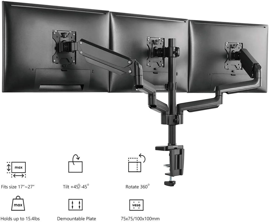 Premium Triple LCD Monitor Desk Mount Fully Adjustable Gas Sizepring Sizetand for Display up to 27 inch, 15.4lbs Weight Capacity