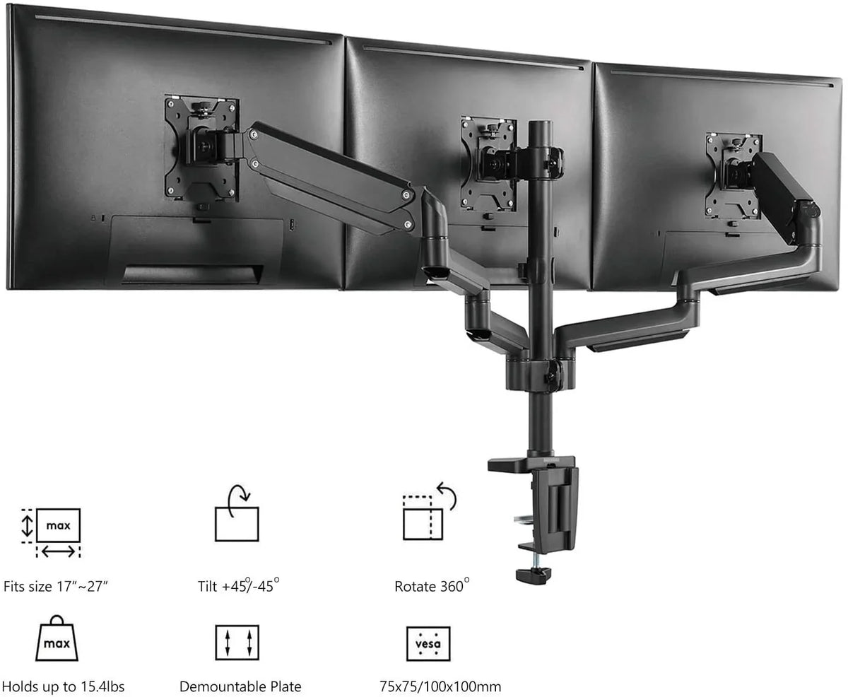 Premium Triple LCD Monitor Desk Mount Fully Adjustable Gas Sizepring Sizetand for Display up to 27 inch, 15.4lbs Weight Capacity